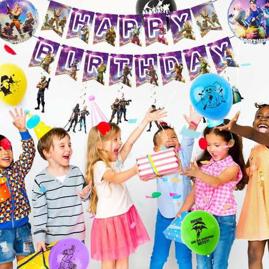 Décoration Anniversaire Thème Jeu Vidéo Fortnite - Kit Avec Ballons Aluminium, Bannière, Rubans - Pour Fête Garçon