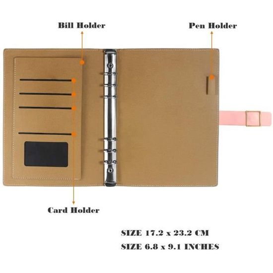 Classeur Budget A7 En Cuir Synthétique Avec Fermeture éclair Et 6 Anneaux - Rose, Organisateur Portable