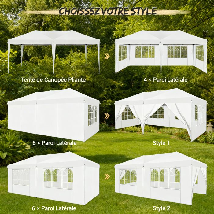 Tonnelle De Jardin 3x6m Pliante - 4 Parois Latérales Avec Fenêtres, Toile PE Imperméable, Cadre Acier (Anthracite)