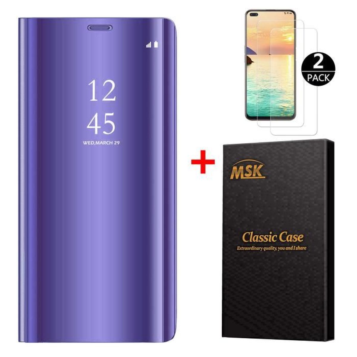 Coque Oppo Reno 4Z + [2 Pack] Verre trempé,Miroir Flip Case avec Stand