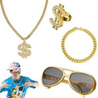 Kit de Costume Hip Hop 4pcs,Bague Dollar Collier Bracelet en Or Lunettes de Soleil Ronde Deguisement Hip Hop Annee 90s 80s