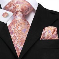 Cravate,ensemble de boutons de manchette carrés pour hommes, 100% soie, cravate de mariage classique corail Rose - C-3225[E901]