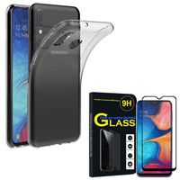 Pour Samsung Galaxy A20E 5.8": Coque silicone gel UltraSlim - TRANSPARENT + 1 Film verre trempé de couleur - NOIR