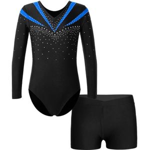 TUTU - JUSTAUCORPS YONGHS Enfant Fille Justaucorps Gymnastique avec Shorts Costume Strass Brillant Spectacle 5-14 Ans