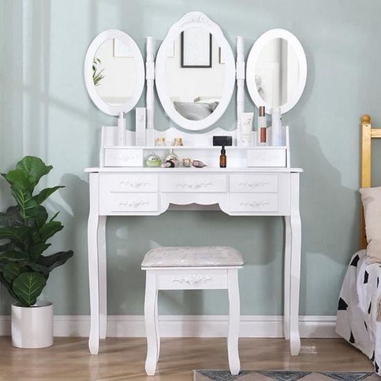 AKALNNY Coiffeuse table de maquillage  avec 3 miroirs rabattables 7 tiroirs et 1 tabouret -L90 x P40 x H145 cm -blanc