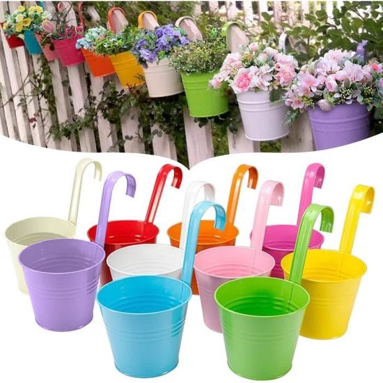 EROOSY 10 Pots Fleurs Métal Colorés Avec Crochet - Jardinières Suspendues Avec Drainage, Idéal Balcon Et Intérieur