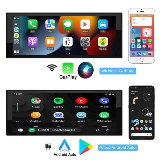 Autoradio GPS Écran Tactile de 6.9" 2G + 32GB 1 Din WiFi Bluetooth Carplay sans fil Android Auto filaire  Android 12