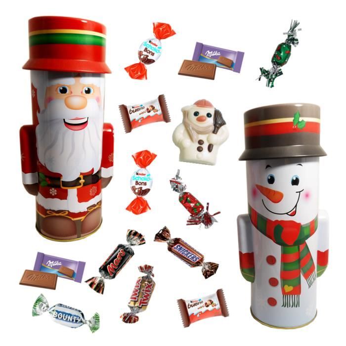Père Nöel et Bonhomme de Neige debout garnis de 40 chocolats Kinder, Célébration et Milka