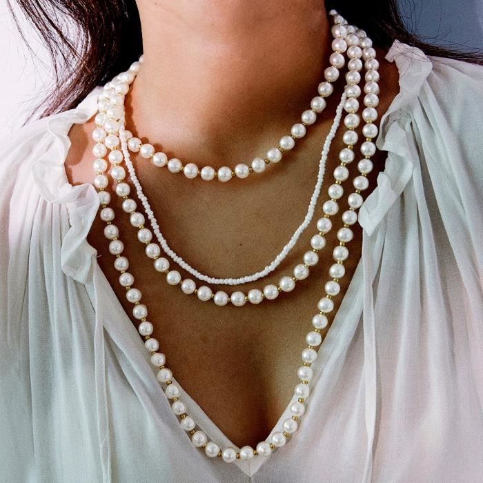 Collier De Perles De Perles Multicouches Vintage_blanc