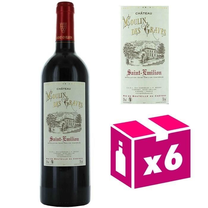 6 bouteilles Château Moulin des Graves vin rouge - St Emilion 2012