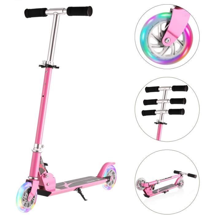 Trottinette Pour Enfants Réglable Hauteur Pliable Avec 2 Roues Lumineuses Scooter En Portable ROSE