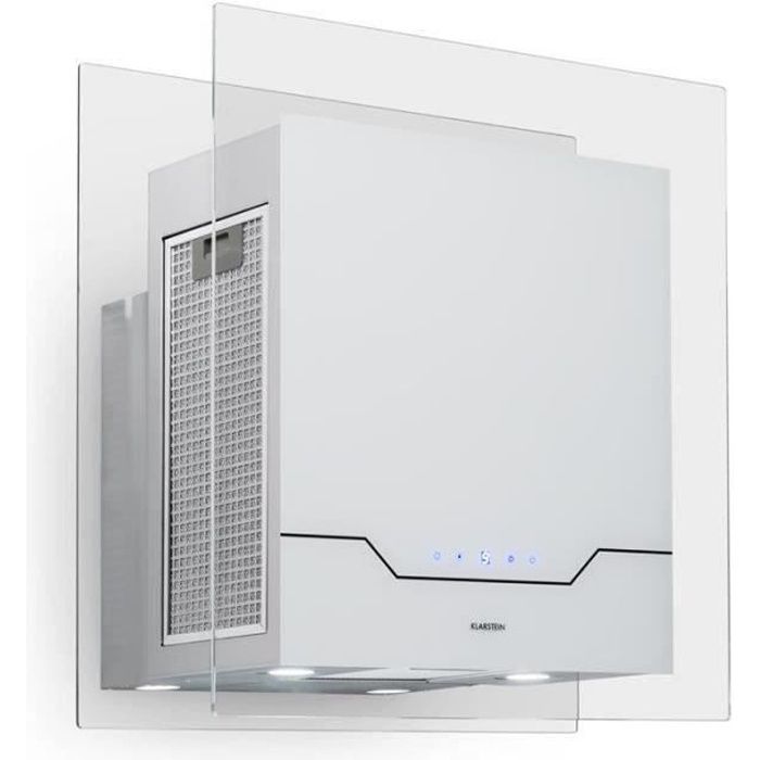 Klarstein Karree Hotte murale aspirante 60cm recyclage d'air 640 m³/h - Eclairage LED - Design inox et verre blanc