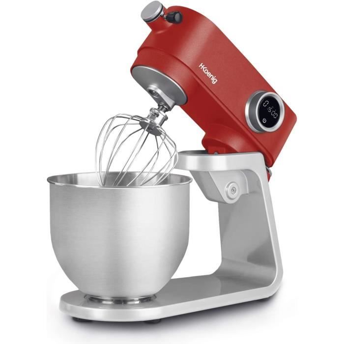 Robot Pétrin Professionnel Multifonctions 5L H.Koenig KM124 Inox rouge mat Puissant 800W, Robot Cuisine Pâtissier Pétrin 8 vitesses,