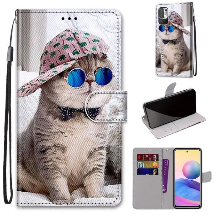 Coque pour Xiaomi Redmi Note 10 5G / Xiaomi Poco M3 Pro 5G Housse enCuir PU Portefeuille Etui à Rabat Magnétique Motif Chat Cool
