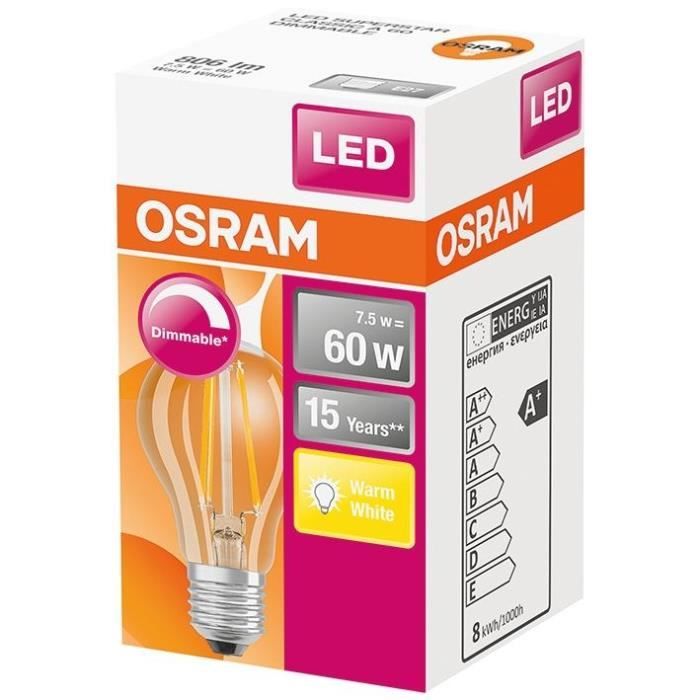 OSRAM Ampoule LED Standard clair filament variable - 7W équivalent 60W E27 - Blanc chaud