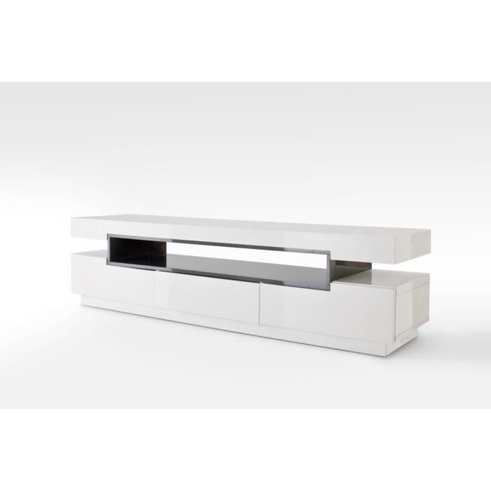 Meuble TV avec 3 tiroirs coloris laque blanc brillant et gris - L200 x H52 x P50 cm