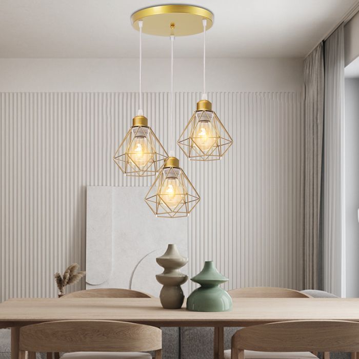 Lustre Industriel Moderne TOKIUS 3 Luminaires Suspension Lampe E27 Métal Décor Personnalisé avec une Base ronde 25cm Doré