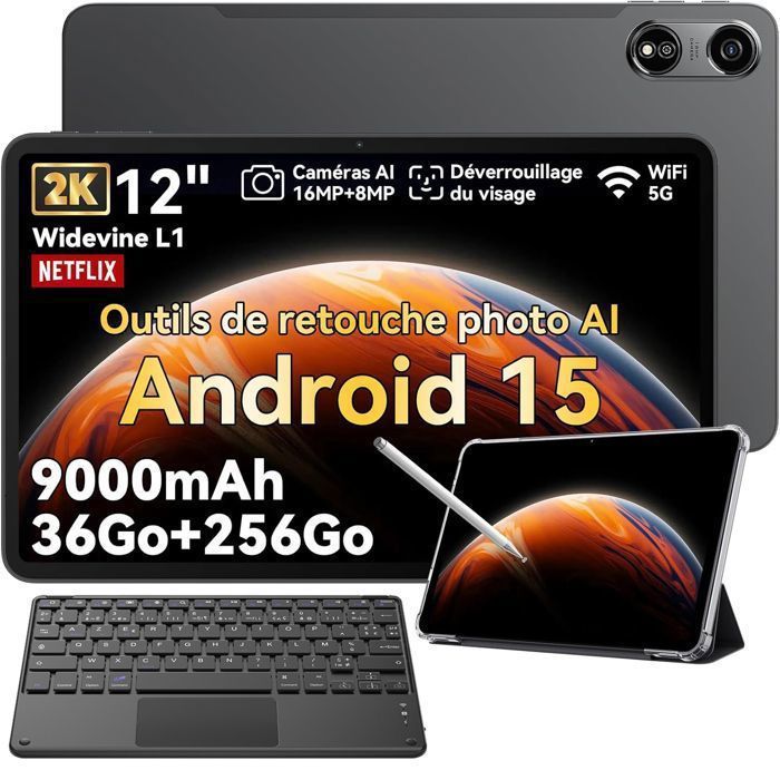 Oscal Pad 100 Tablette Tactile 12 Android 15 2.4G+5G Wifi RAM 36Go ROM 256Go/SD 2To 9000mAh 16+8MP Dual SIM Gris Avec Clavier K1