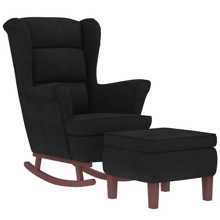 Fauteuil à bascule - UU - rocking chair - avec pieds en bois et tabouret Noir Velours S1369