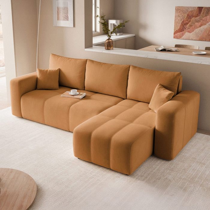 Canapé dangle Réversible PEDRO - 4 places - Convertible avec Coffre - Tissu Velours - Orange