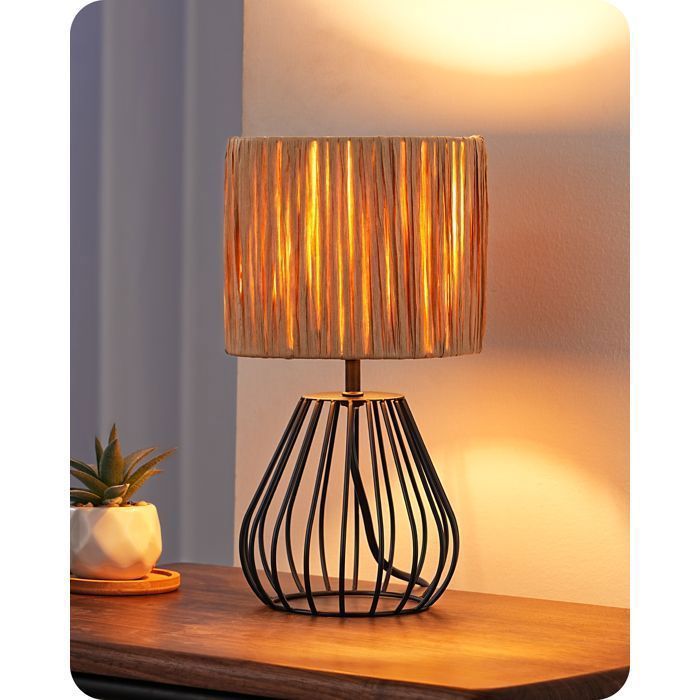 Lampe de table - EDISHINE - T165 - Abat-jour raphia papier - E14 LED 2700K incluse - Style industriel H29cm