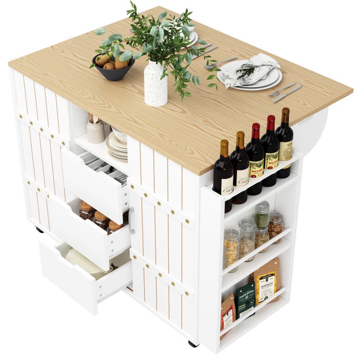 Desserte Bîlot de Cuisine à Roulettes Plateau Pliable avec Grand Placard3 TiroirsPorte-Serviettes-110 x 70 x 90cmBlanc