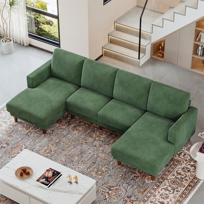 Nalookamic Canapé 4/5 places en forme de U moderneCanapé en velours côtelé Vert pour salonpied en bois269*140*86cm