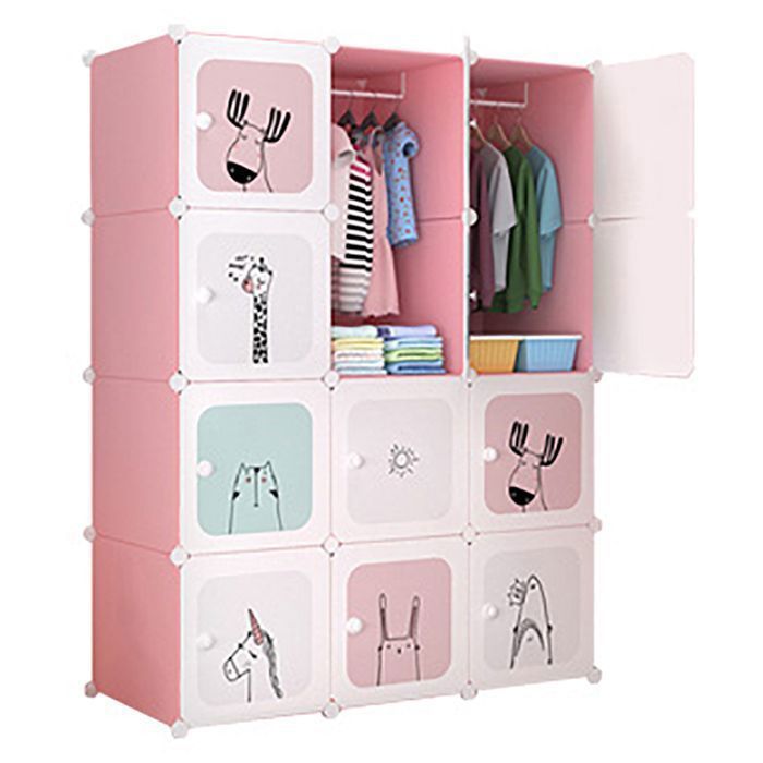 Armoire Modulable de Rangement Enfant 12 Cubes - Penderie de rangement - Pliant - en Plastique - 4 niveaux 12 compartiments rose