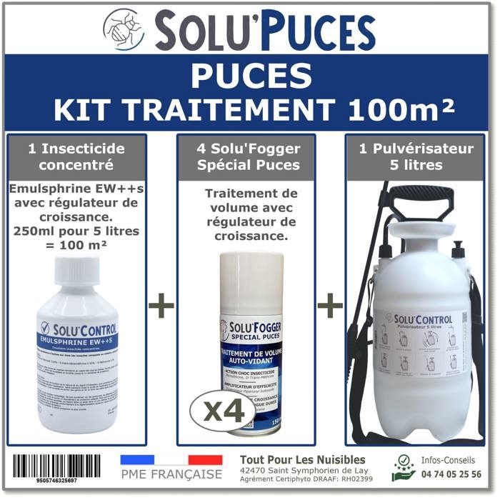 Comparer les prix de Kit traitement Puces 100m² : 1 flacon Emulsphrine EW+S concentré 4 Foggers Solu’Puces one-shot et 1 pulvérisateur 5 L