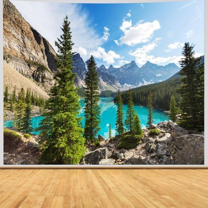 Grande Tapisserie Murale Paysage 200x150cm - Scène Forestière avec Sapins Lac et Montagnes