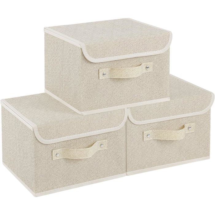 3PCS Boîtes de Rangement en Tissu avec Couvercle Panier Rectangulaire avec Poignées Cube Caisse Pliable 26×20×17cm Gris Beige