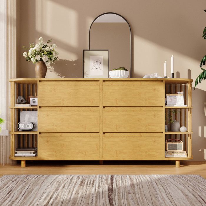 Buffet - Design Romain - Chêne - 160cm - 6 Tiroirs - Étagères Bambou