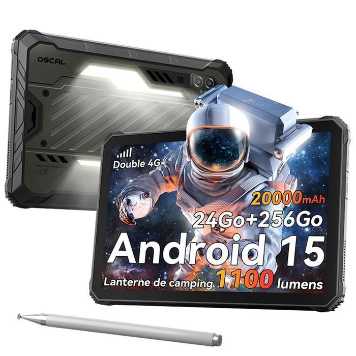 Tablette Incassable 11 OSCAL Spider 10 Android 15 FHD+ 24Go RAM(8+16Go) 256GoLampe LED 1100 lm20000mAhIP69KNFCPC ModeStylet