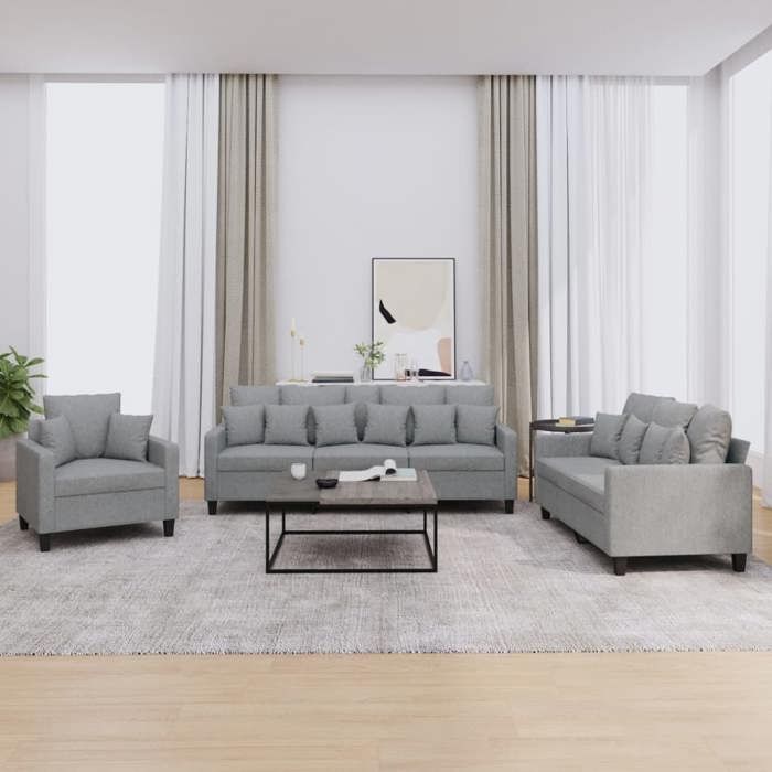 Ensemble de canapés 3 pièces - vidaXL - Coussins gris clair - Tissu polyester - Structure en contreplaqué et métal