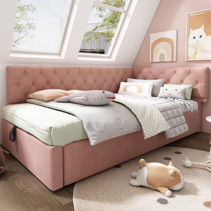 Lit coffre 90x190 cm en velours rose à motif prismé design en L coffre hydraulique et tête réversible