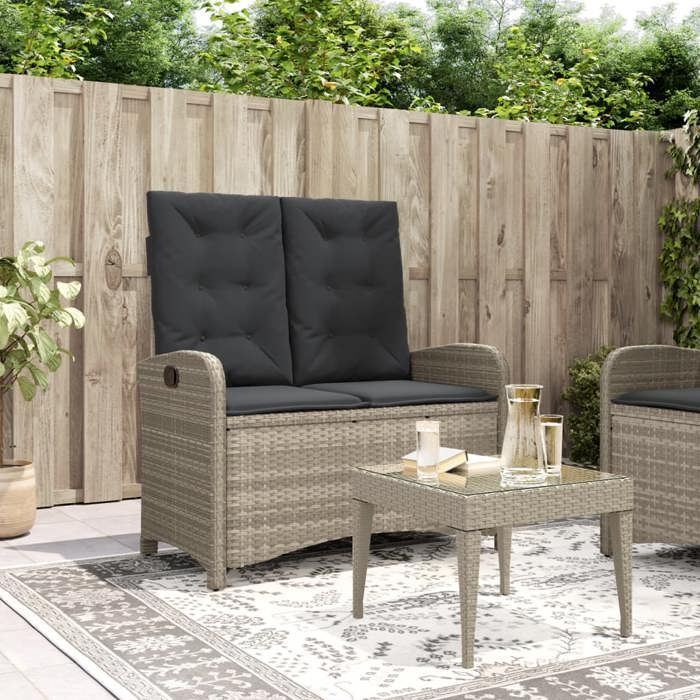 Banc de jardin inclinable - vidaXL - Résine tressée - Gris clair - Dossier réglable - Coussins amovibles - 105x59x93 cm