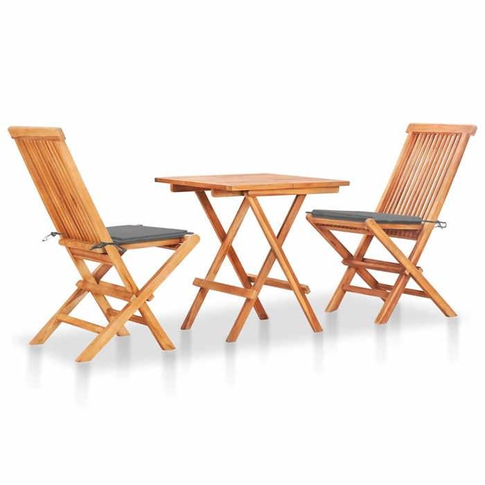 Ensemble de bistro en teck - BURKE - 3 pièces - Coussins gris - Bois de teck massif - 60x60x65 cm table dépliée