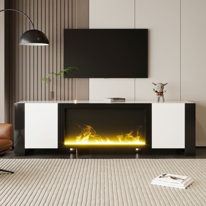 Meuble TV meuble bas avec cheminée électrique à effet flammes sans fonction chauffante finition brillante meuble TV assorti