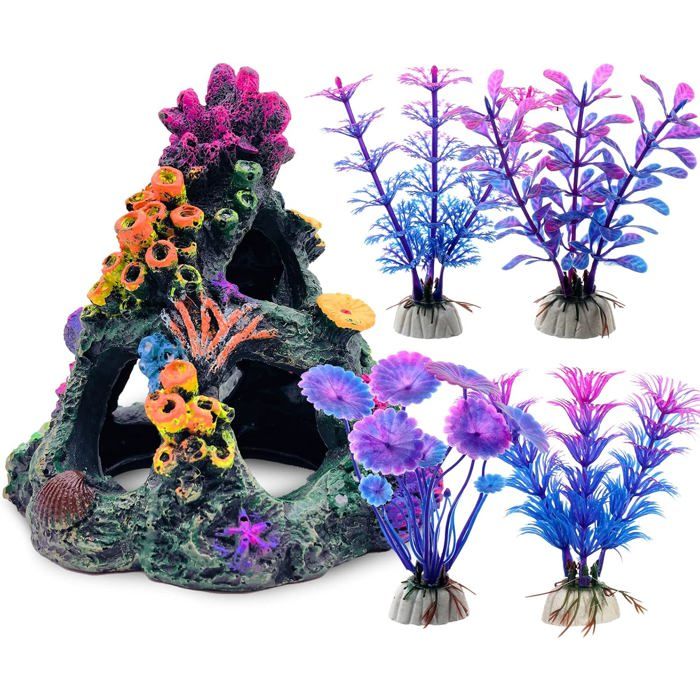 Ensemble récif corallien coloré pour aquarium : accessoires pour aquarium 1 montagne de corail 4 plantes aquatiques