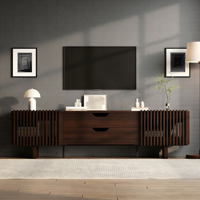 Meuble TV en Noyer Foncé avec 2 Portes et 2 Tiroirs Banc TV pour Téléviseur Jusqu’à 75 Pouces Meuble Salon 180×40×45cm