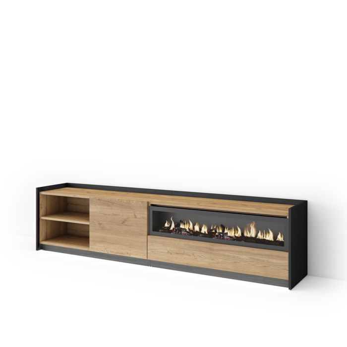 Meuble TV avec Cheminée électrique à droite 207x37x50cm LED Chêne et noir RF4888