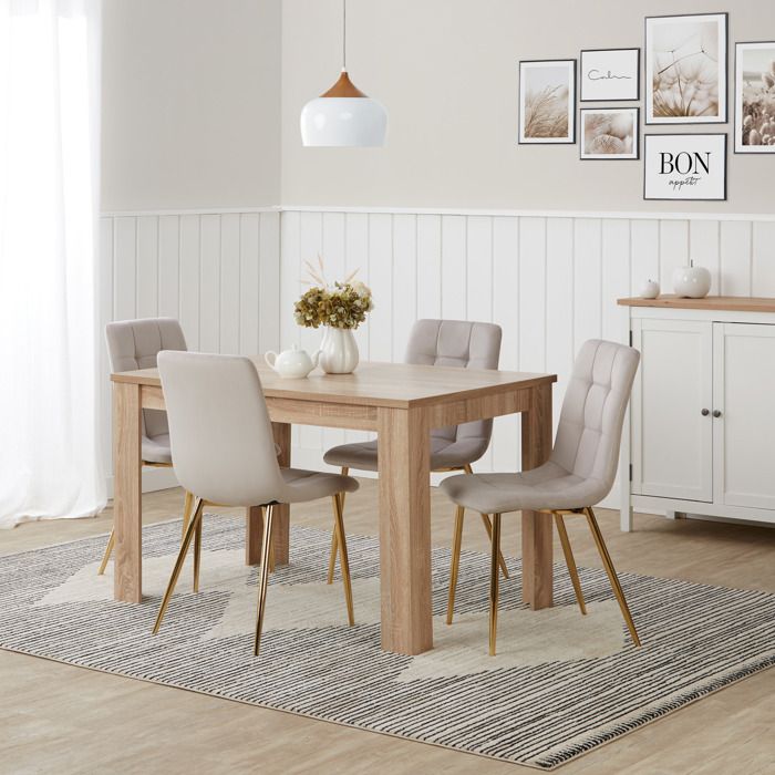 Ensemble Salle à Manger 5 Pièces – Table Extensible en Chêne 120–153 cm & 4 Chaises en Velours Gris Clair Ensemble Salle à Manger 5 Pièces – Table Extensible en Chêne 120–153 cm & 4 Chaises en Velours Gris Clair