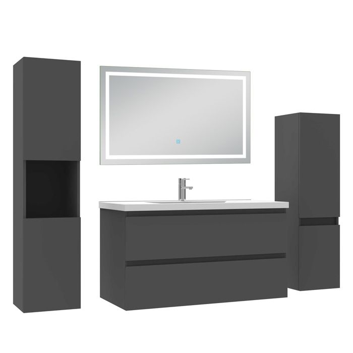 AICA Meuble de salle de bain 99 cm anthracite mat avec Lavabo 2 colonnes + miroir LED 6000K dimmable - fonction mémoire