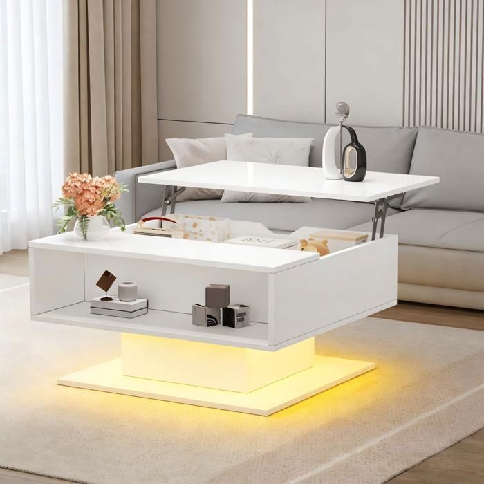 Table basse relevable blanche brillante avec rangement et éclairage LED