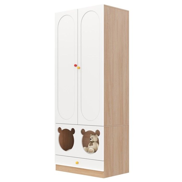 Armoire Enfant-Penderie-Panier-Panneaux Laqués-Poignées Céramique Colorée-Blanc&Bois Naturel-80x50x200cm