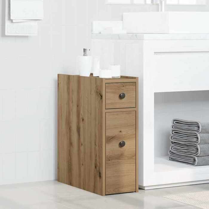 Vintage Casier de salle de bain/MEUBLE WC - Brun - Armoire de salle de bain étroite avec roulettes chêne artisanal _0093346