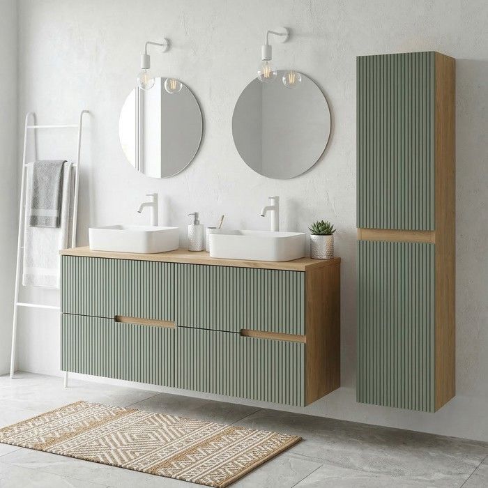 Ensemble meuble double vasque à poser L. 120 cm + 1 colonne Chêne naturel 4 tiroirs Vert sauge cannelé EVA Ensemble meuble double vasque à poser L. 120 cm + 1 colonne Chêne naturel 4 tiroirs Vert sauge cannelé EVA
