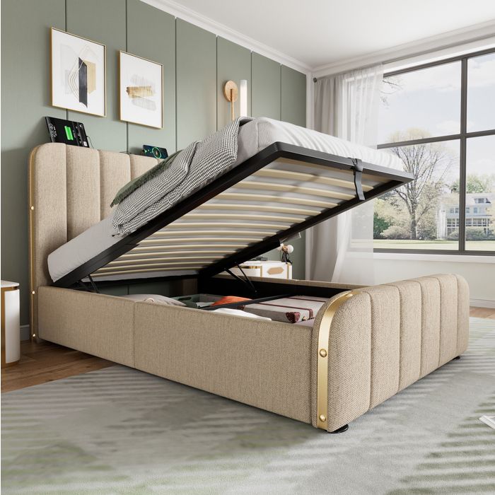 ULEVR lit coffre rembourre 90 x 200 cm beige en lin avec USB et Type-C sommier a lattes rangement hydraulique