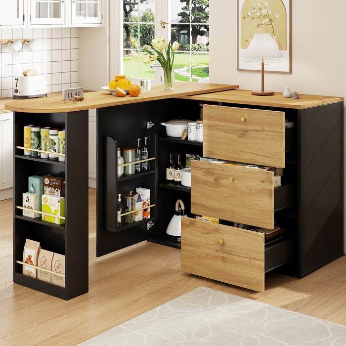 Table de bar extensible - LEMONBEST - 138-204 cm pivotante 360° - Noir aspect bois - Rangement intégré