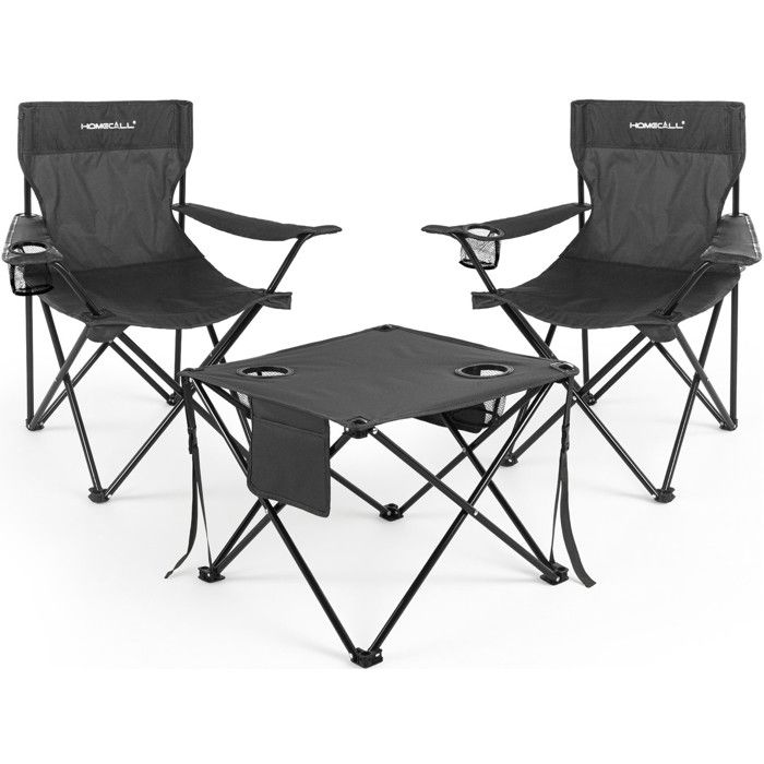 HOMECALL Ensemble 3 pcs de 2 Chaises de Camping Plage Pliante 79x43x43cm - charge 120KG et Table - 48x48x40cm - charge 30KG - Noir
